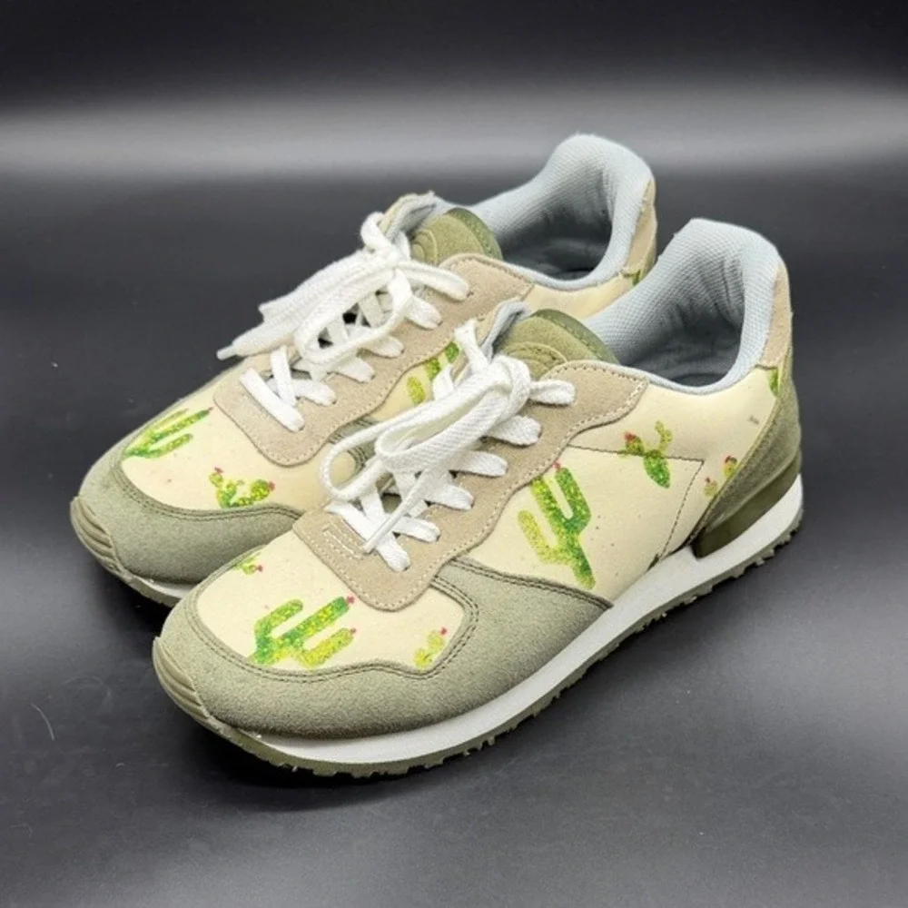 INKKAS Cactus‎ Print Sneakers Women Size 7 US Women 5 US Men Green Tan Lace Up